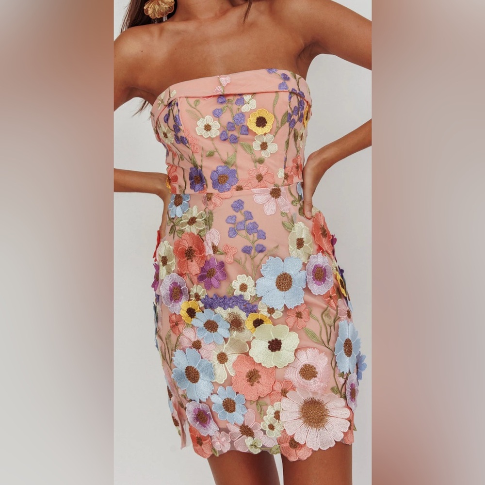3D Flora Day Strapless Floral Embellished Mini Dress Pale Pink Large